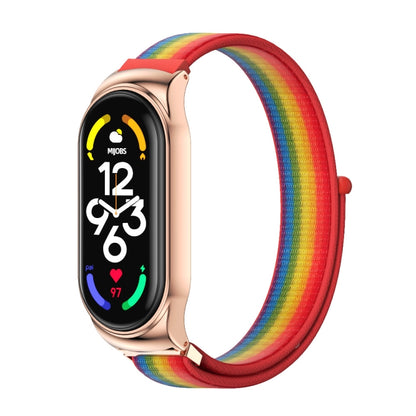 Rose gold smartwatch with rainbow red nylon mesh watch band