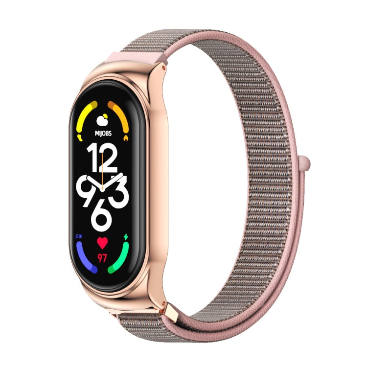 Rose gold smartwatch with pink nylon mesh watch band