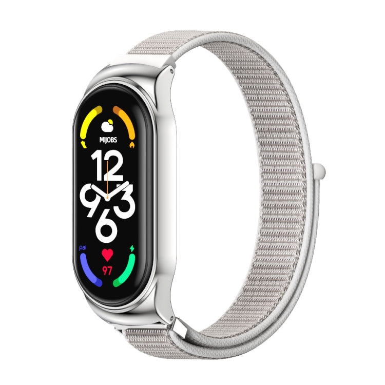 Silver smartwatch with gray nylon mesh watch band