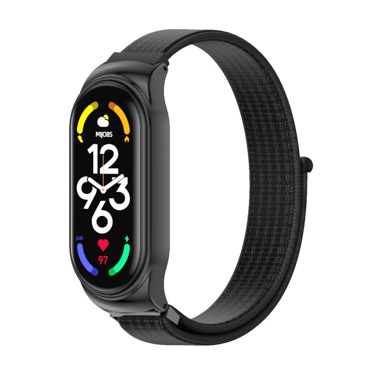 Black smartwatch with black nylon mesh watch band