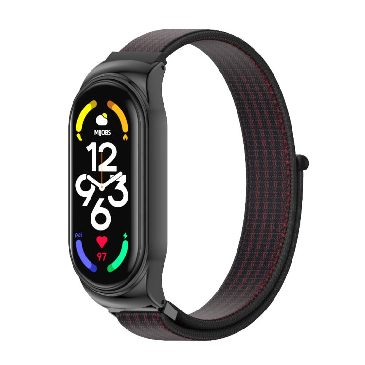 Black smartwatch with dark red and black nylon mesh watch band