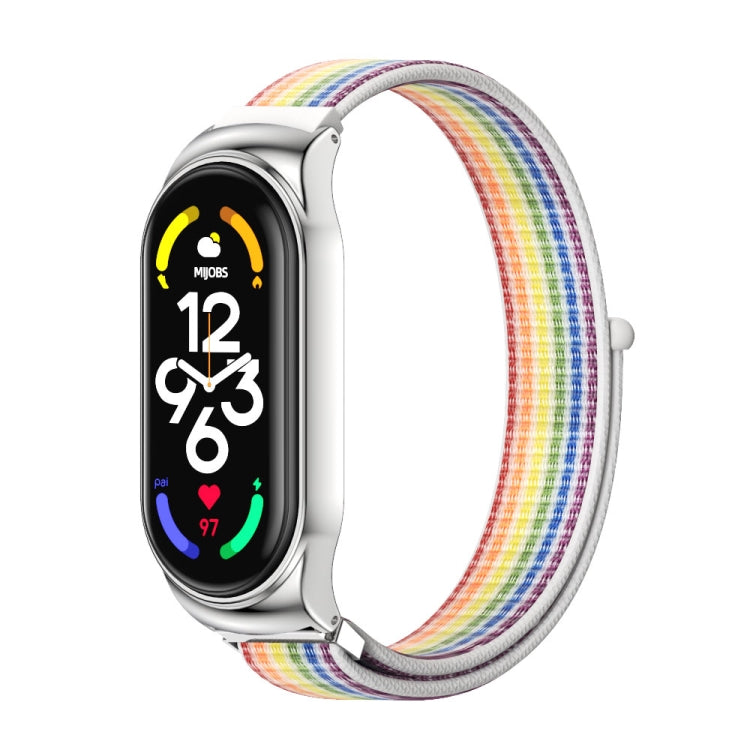 Silver smartwatch with rainbow nylon mesh watch band