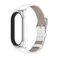 Genuine leather watch band with metal case, white strap and silver watch frame.