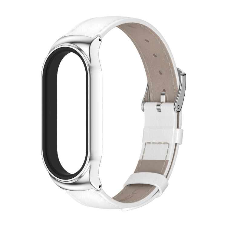 Genuine leather watch band with metal case, white strap and silver watch frame.