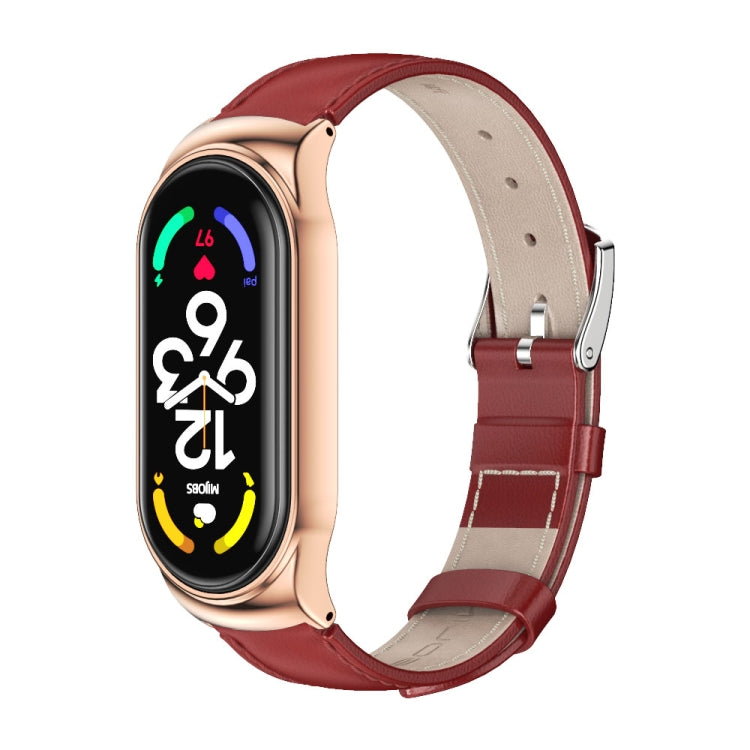 Genuine leather watch band with metal case, red strap and rose-gold frame.