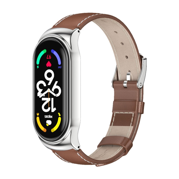 Genuine leather watch band with metal case, brown strap and silver frame.