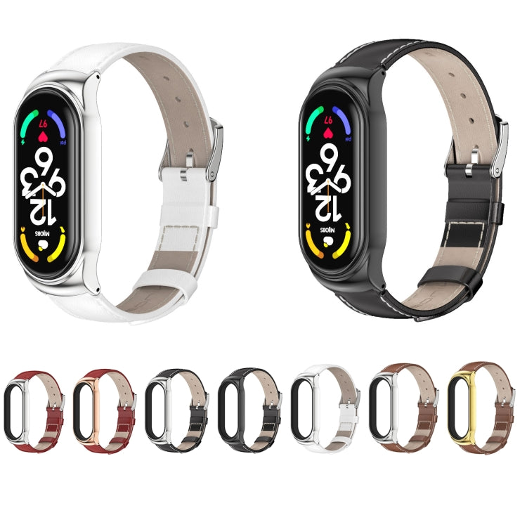 Genuine leather watch band with metal case, shown in white and black strap colors.