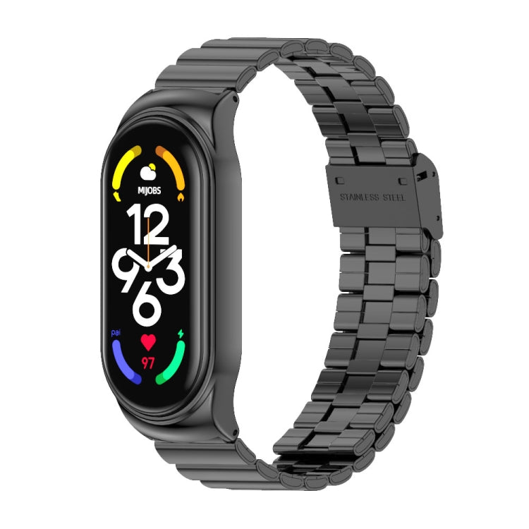 Black stainless watch band with buckle clasp, rectangular links for fitness tracker