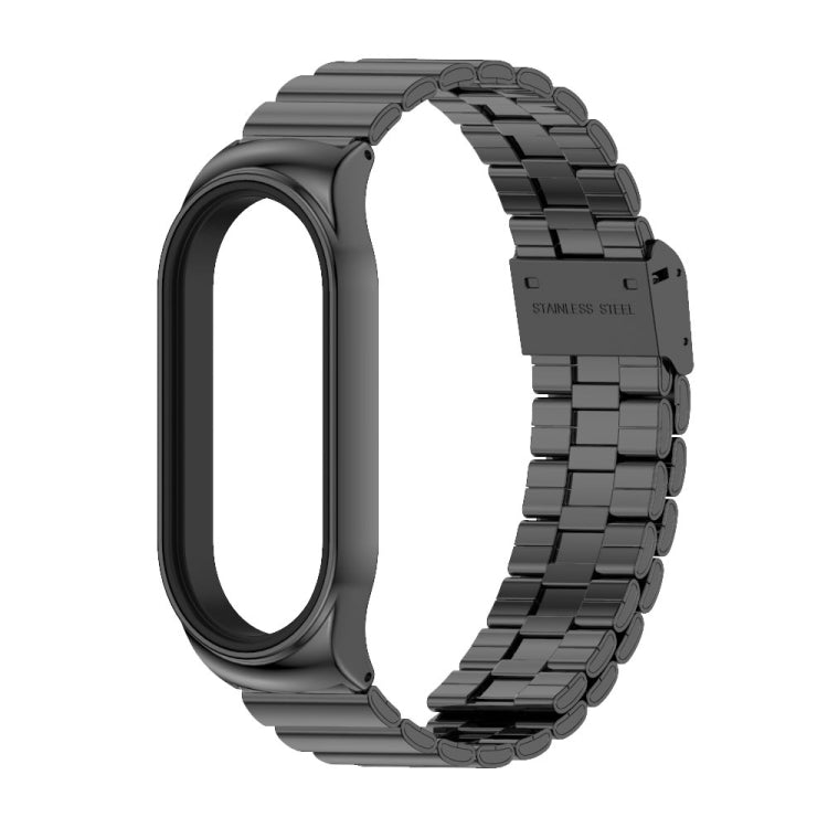Black stainless watch band with buckle clasp, side view of rectangular links