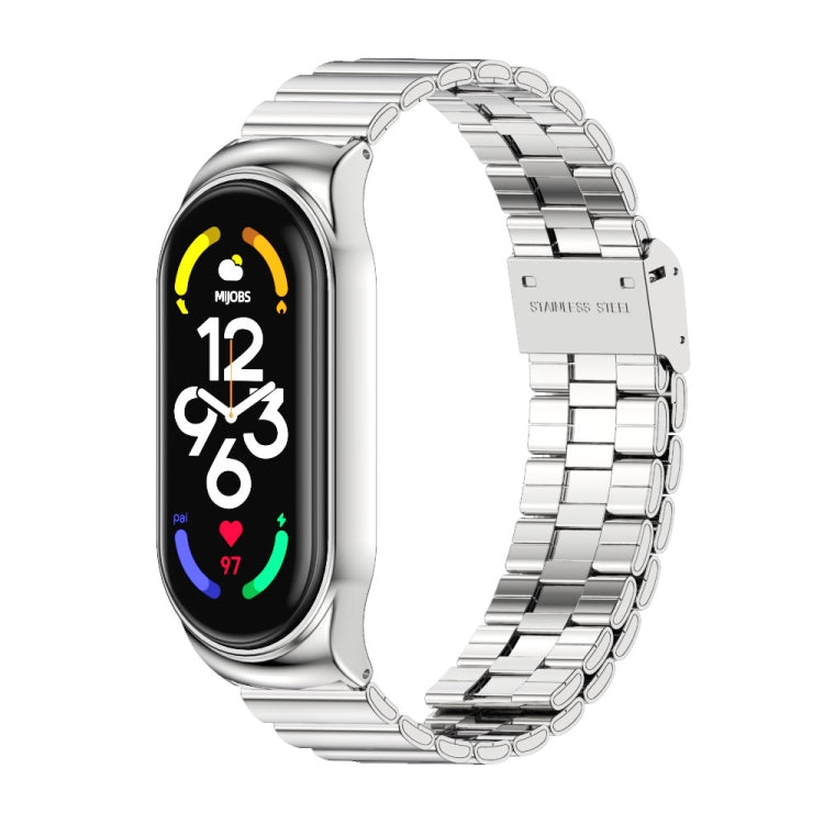 Silver stainless watch band with buckle clasp, rectangular links for fitness tracker