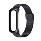 Black stainless steel mesh watch band with buckle clasp for fitness tracker.