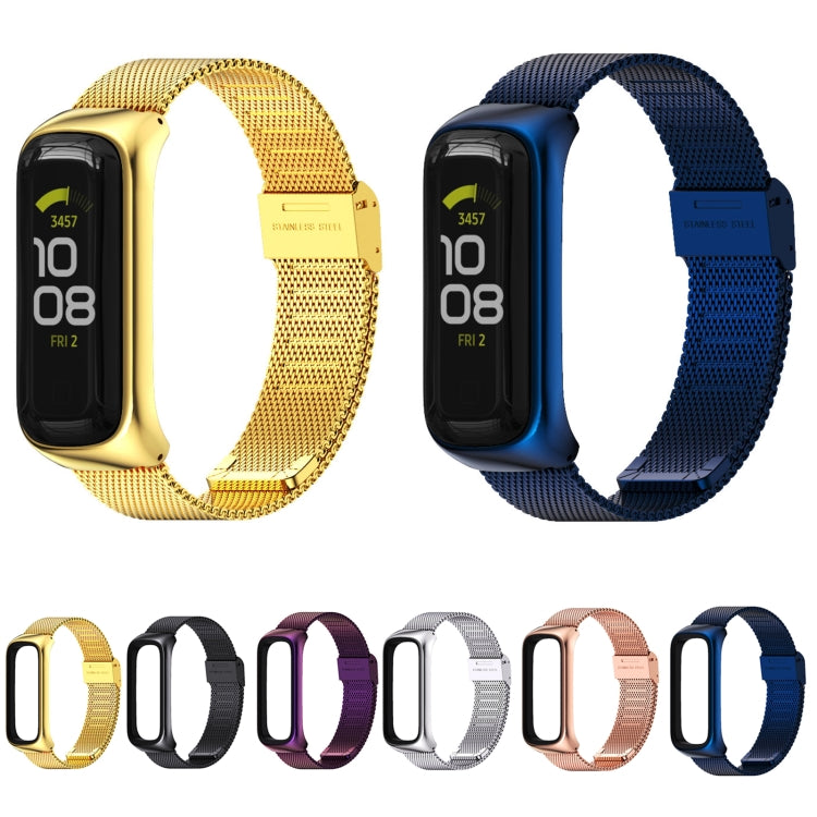 Set of stainless steel mesh watch bands in multiple colors with buckle clasps.