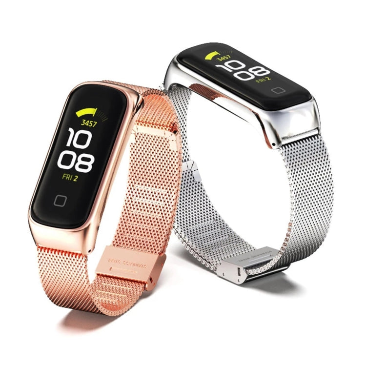 Rose gold and silver stainless steel mesh watch bands with buckle clasps.