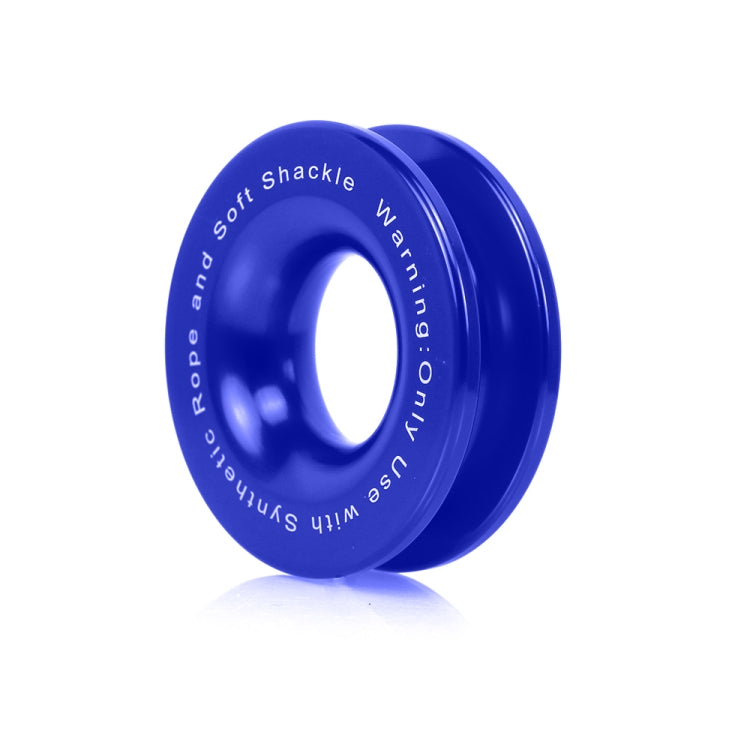 Blue winch snatch recovery ring with center hole and stamped soft shackle lettering
