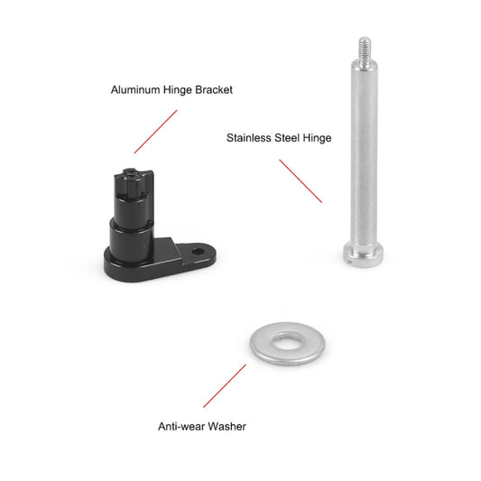 Fuel door hinge pin assembly with black hinge bracket, silver pin, and washer