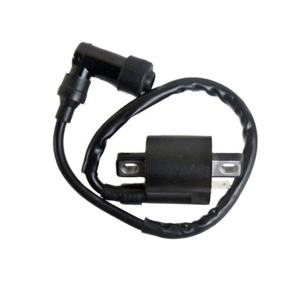 Black ignition coil with attached wire harness and two metal mounting terminals