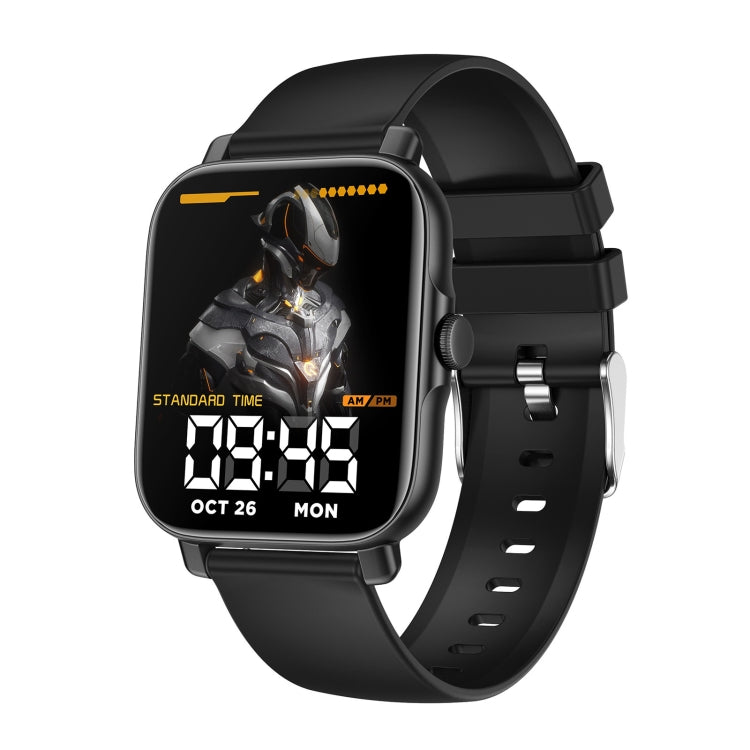 Black smartwatch with black screen and gold accent graphics on dark silicone band