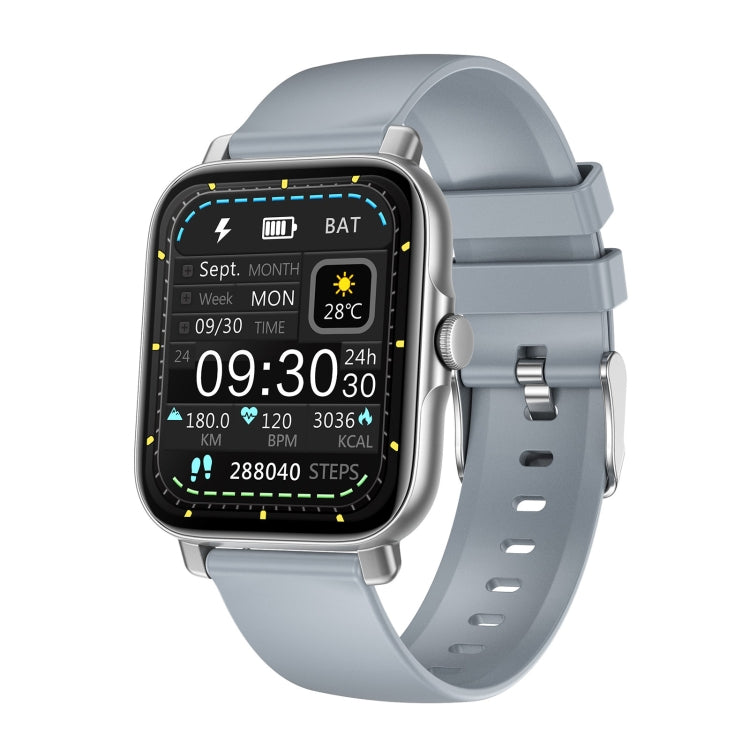 Silver smartwatch with black rectangular TFT screen and light-gray silicone band