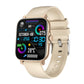 Gold-toned smartwatch with black rectangular TFT screen and beige silicone band