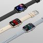 Smartwatch with rectangular display on beige and blue silicone straps (pair view)