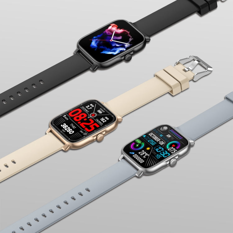 Smartwatch with rectangular display on beige and blue silicone straps (pair view)