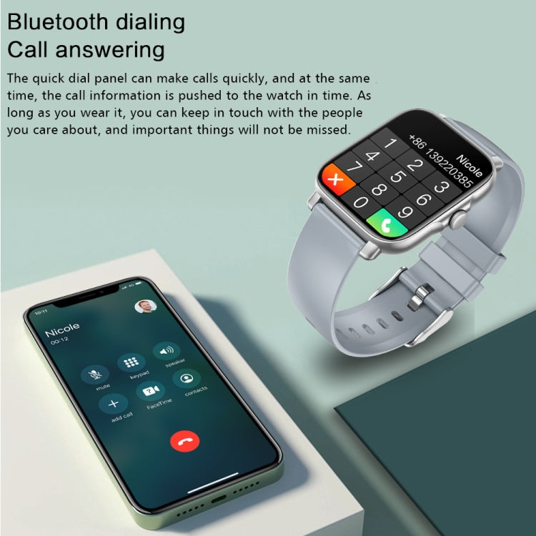 Light-gray smartwatch with black screen showing call dial and gray silicone band