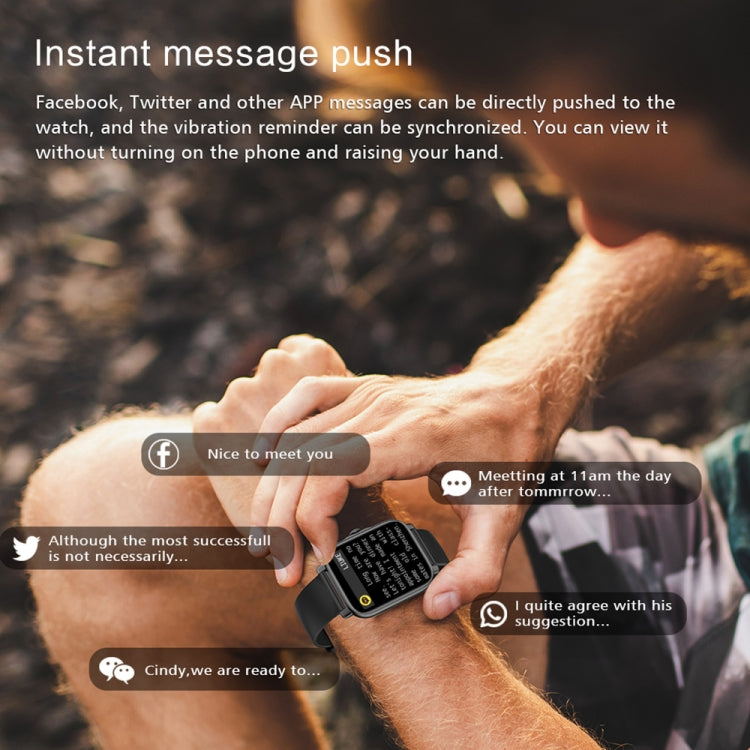 Black smartwatch displaying message notifications on rectangular screen with silicone band