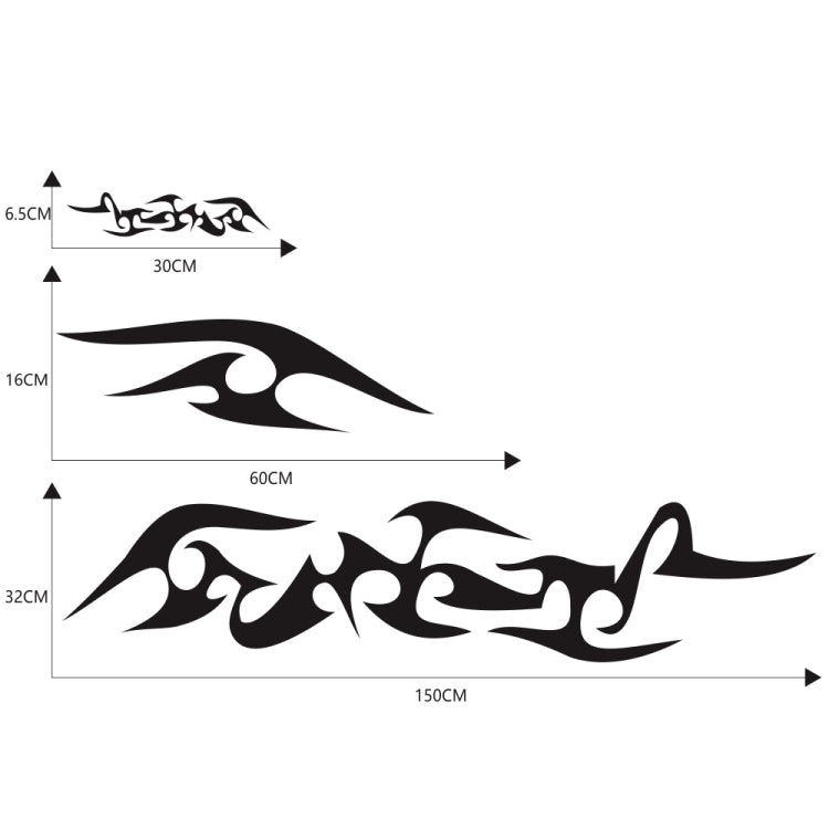 Flame pattern car sticker set size diagram, black tribal flames, 150cm x 60cm