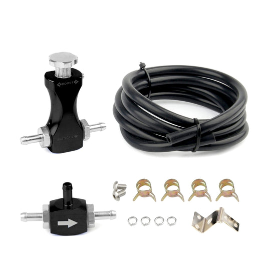 Black turbo boost controller regulating valve with metal fittings and threaded ports