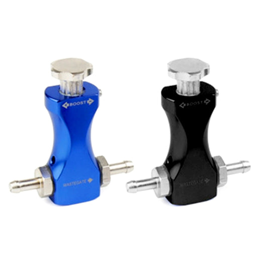 Blue and black turbo boost controller regulating valves, each with two metal threaded outlets