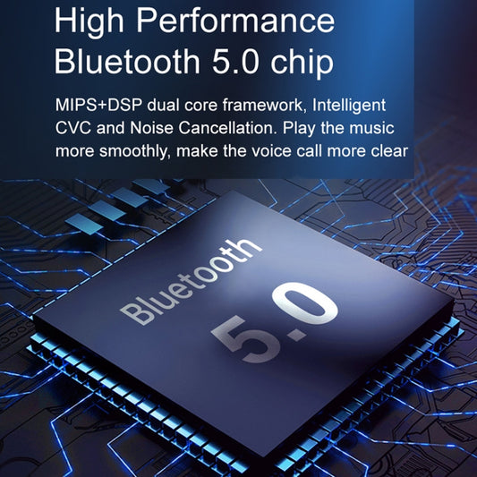 Bluetooth 5.0 audio transmitter circuit chip graphic with blue glow