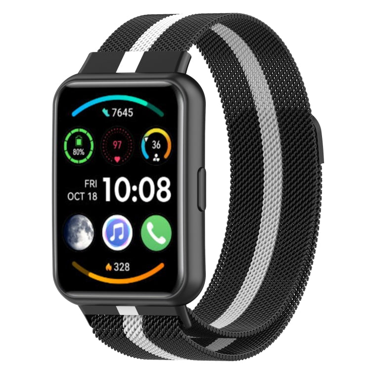 Black Milanese magnetic watch band with white stripe mesh for Huawei Watch Fit 2