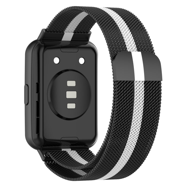 Black Milanese magnetic watch band with white stripe mesh for Huawei Watch Fit 2
