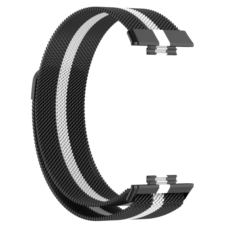 Black Milanese magnetic watch band with white stripe and metal clasp view for Huawei Watch Fit 2