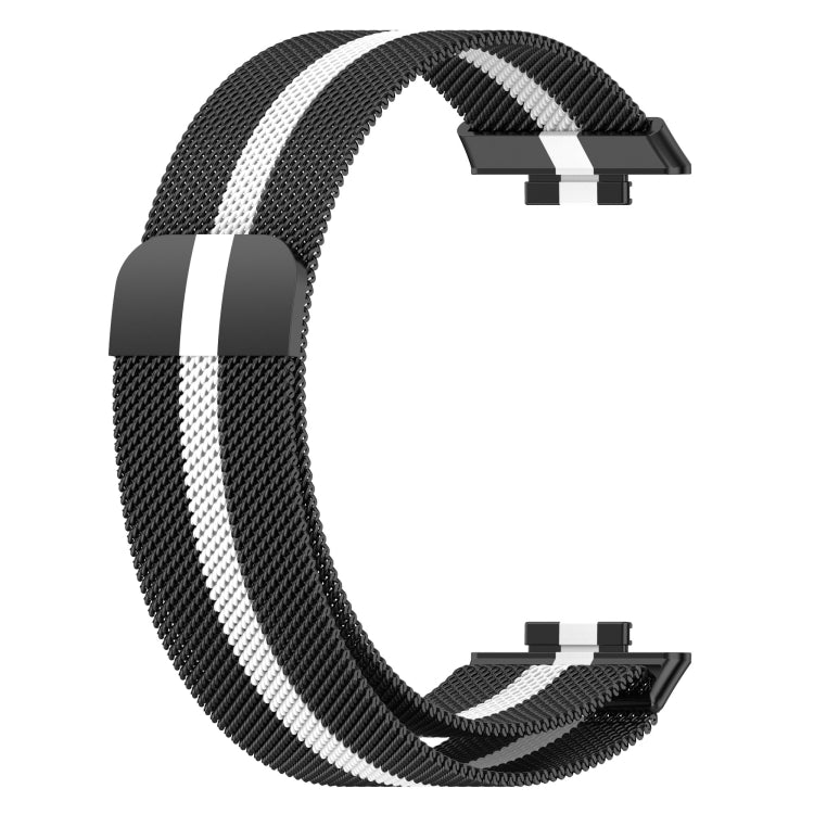 Black Milanese magnetic watch band with white stripe and clasp detail for Huawei Watch Fit 2