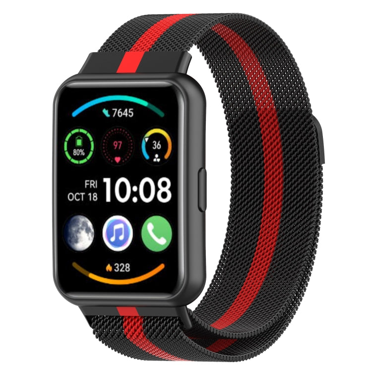 Black Milanese magnetic watch band with red stripe mesh for Huawei Watch Fit 2