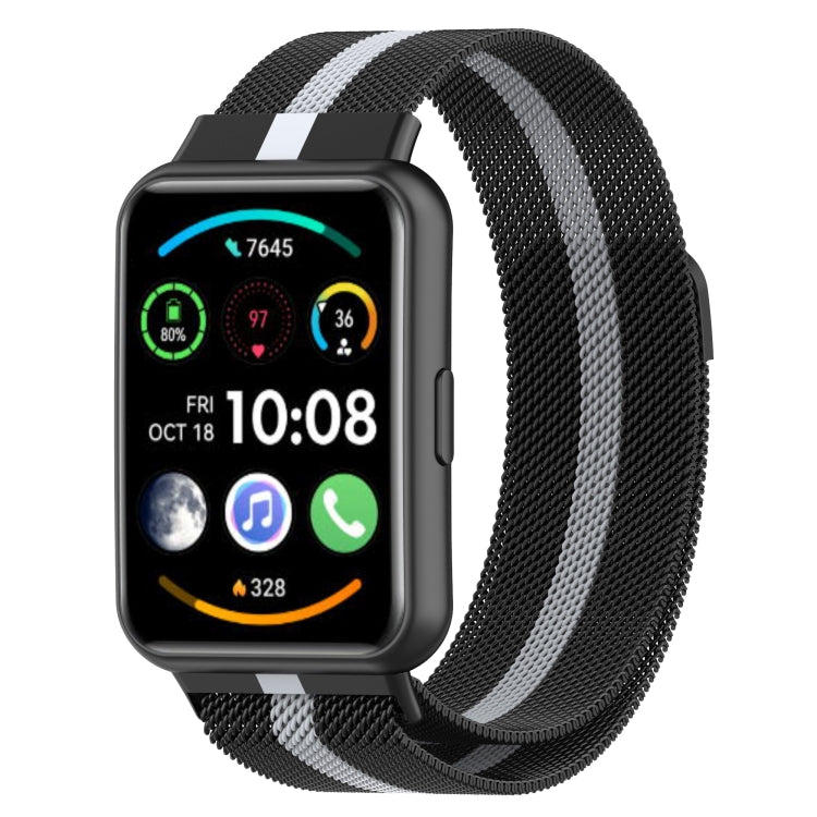 Black Milanese magnetic watch band with white stripe mesh for Huawei Watch Fit 2