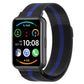 Milanese magnetic stainless steel watch band in black with blue stripe accents.