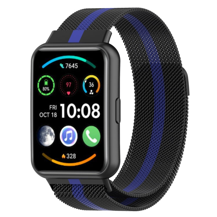 Milanese magnetic stainless steel watch band in black with blue stripe accents.