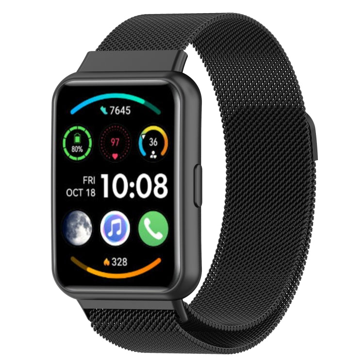 Milanese magnetic stainless steel watch band in black, mesh metal strap.