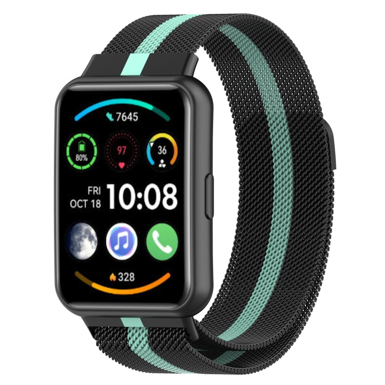 Black Milanese magnetic watch band with teal stripe mesh for Huawei Watch Fit 2