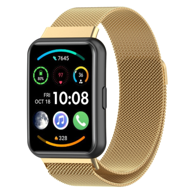 Milanese magnetic stainless steel watch band in gold, mesh metal strap.