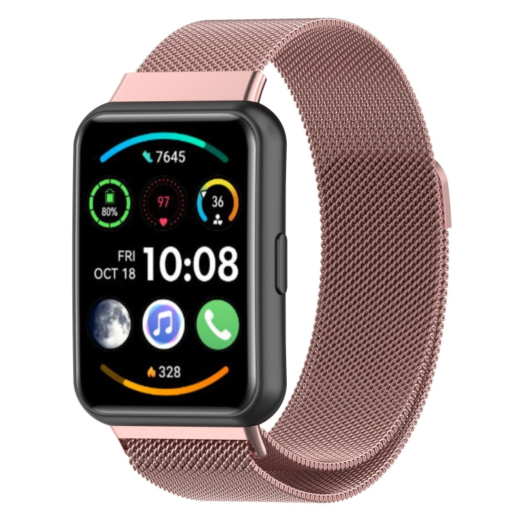 Milanese magnetic stainless steel watch band in rose pink, mesh metal strap.