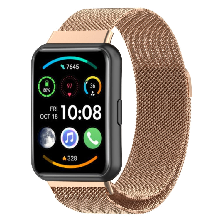 Milanese magnetic stainless steel watch band in rose gold, mesh metal strap.