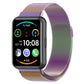Two-tone milanese magnetic stainless steel watch band in purple and green mesh.