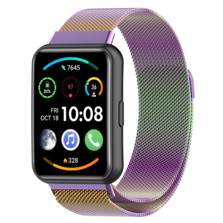 Two-tone milanese magnetic stainless steel watch band in purple and green mesh.