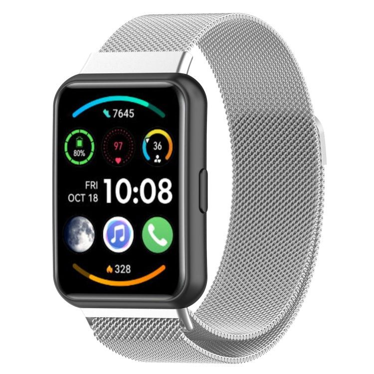 Milanese magnetic stainless steel watch band in silver, mesh metal strap.