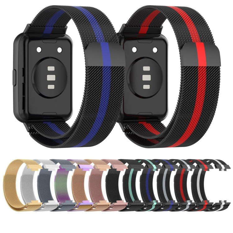 Black Milanese magnetic watch band set with blue and red stripe mesh for Huawei Watch Fit 2