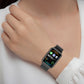 Black Milanese magnetic watch band on wrist with smartwatch and dark mesh