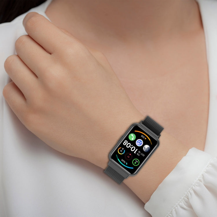 Black Milanese magnetic watch band on wrist with smartwatch and dark mesh